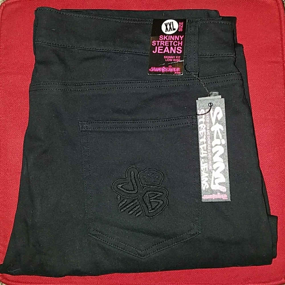 JawBreakeR Black Stretch Skinny Jeans Embroidered Brass Knuckles on Back Pocket